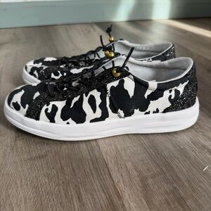 Hey Dudes Karina Cow Slip On Shoe in Black and White Womens Size 9